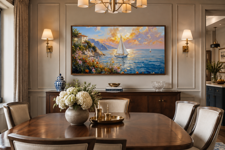 Modern coastal framed canvas print of a sunset seascape with sailboats in a dining room setting.