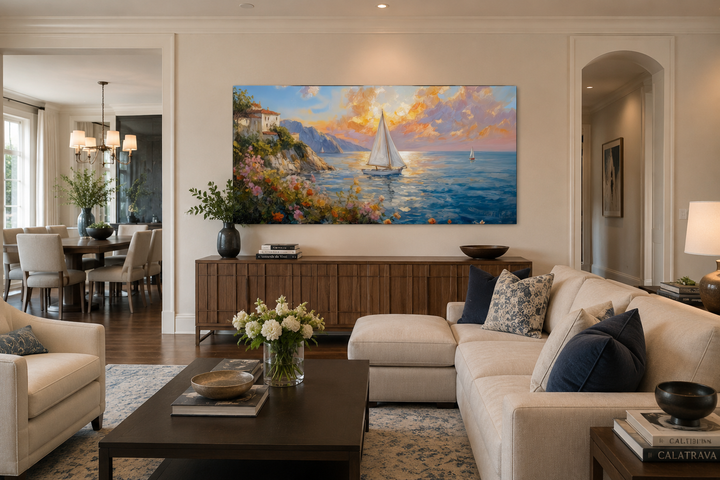 Modern coastal framed canvas print of a sunset seascape with sailboats in a living room setting.