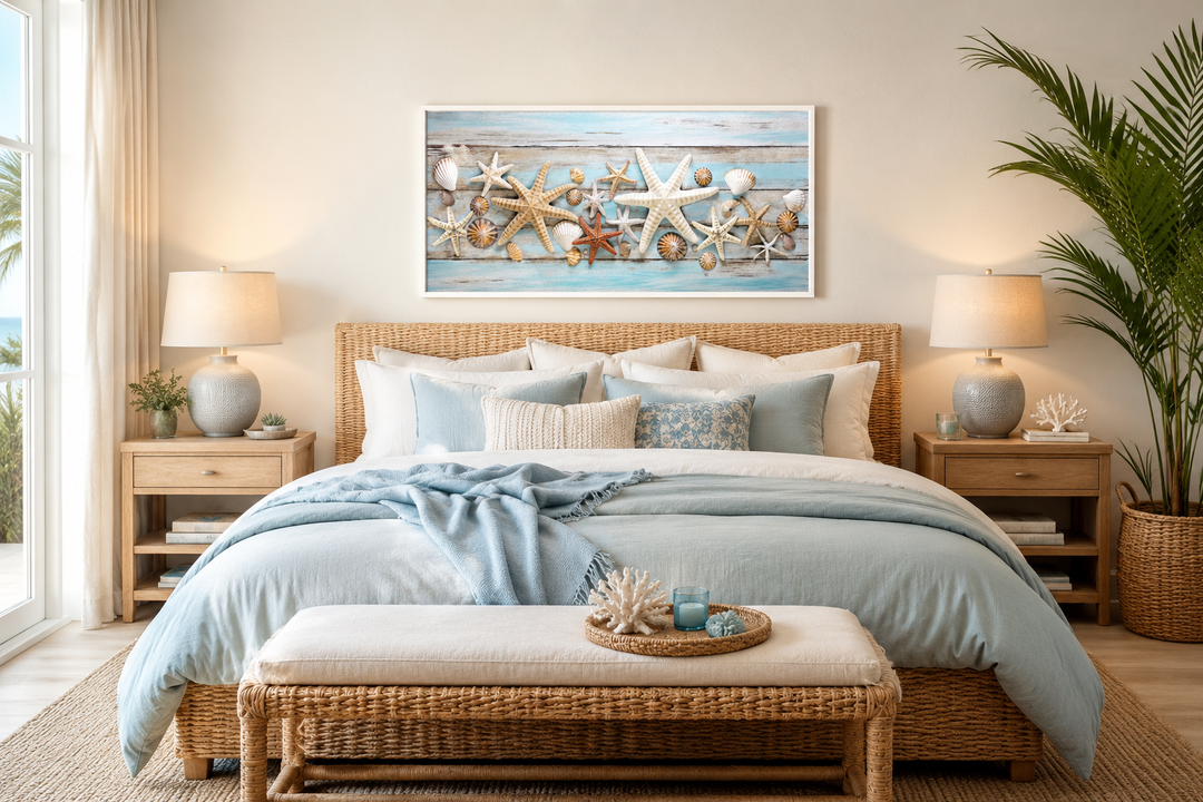 Framed starfish and seashells wall art above a bed in a coastal-style bedroom.