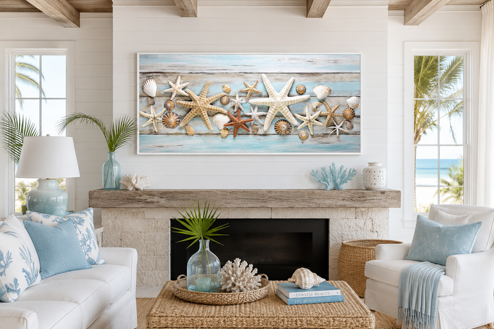 Framed starfish and seashells wall art on a blue wood texture canvas above a living room fireplace.