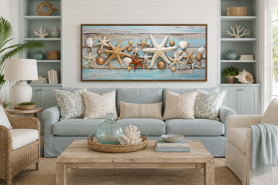 Framed horizontal canvas of starfish and seashells on blue wood planks above a light blue sofa.
