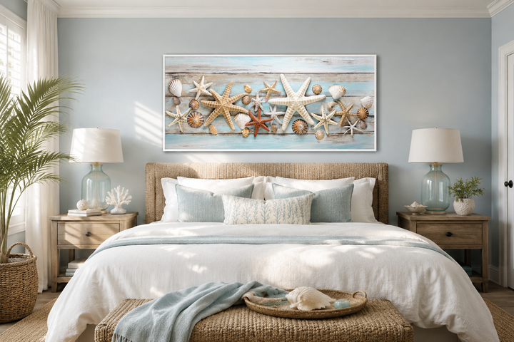 Starfish and seashells wall art on a blue wood texture canvas above a bed in a coastal bedroom.