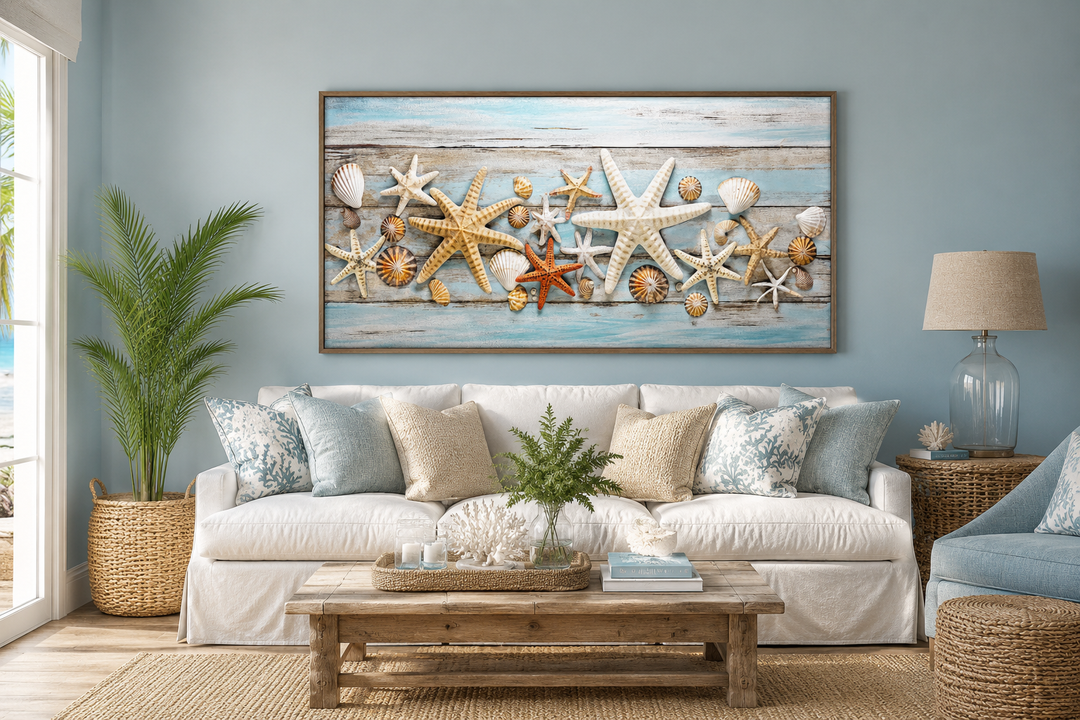 Starfish and seashells wall art on blue wood texture canvas in a coastal living room setting.