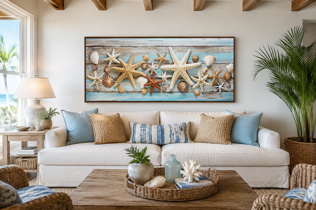 Framed horizontal canvas of starfish and seashells on blue wood, hung above a white sofa.