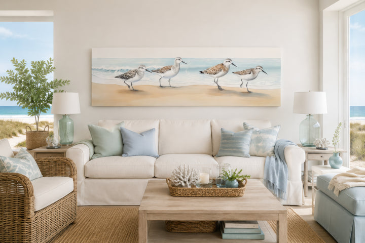 Sandpipers walking on a beach horizontal framed canvas wall art above a white sofa.