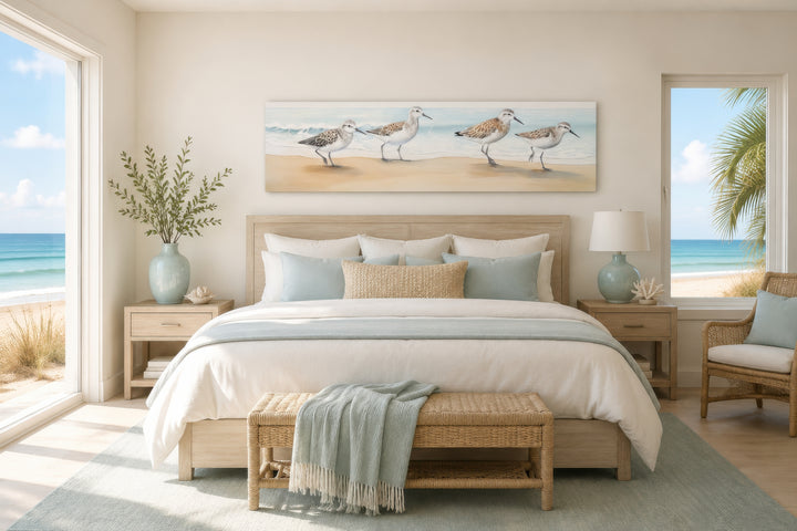 Sandpipers Walking On The Beach horizontal framed canvas wall art above a bed in a coastal bedroom.