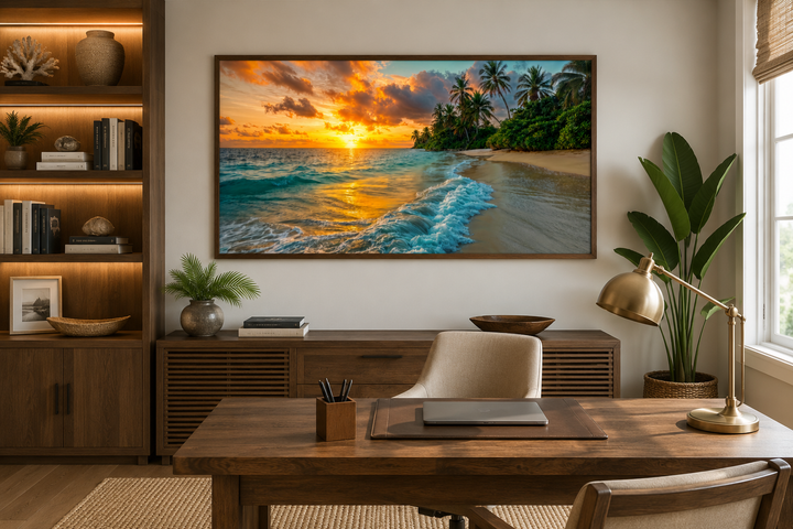 Tropical beach sunset framed canvas wall art hanging above a desk in a modern home office.