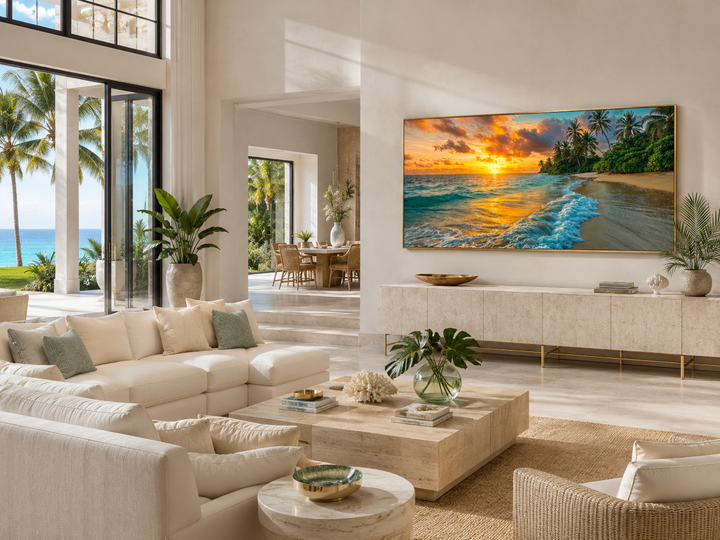 Tropical Beach At Sunset Framed Canvas Wall Art displayed above a sideboard in a living room.