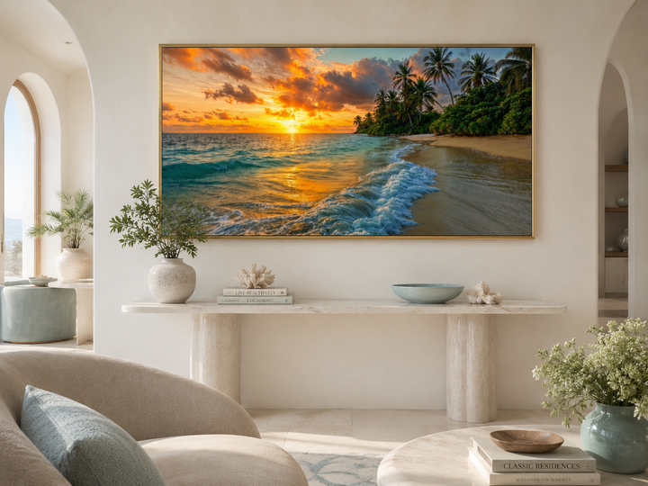 Tropical Beach At Sunset Framed Canvas Wall Art above a marble console table in a bright room.