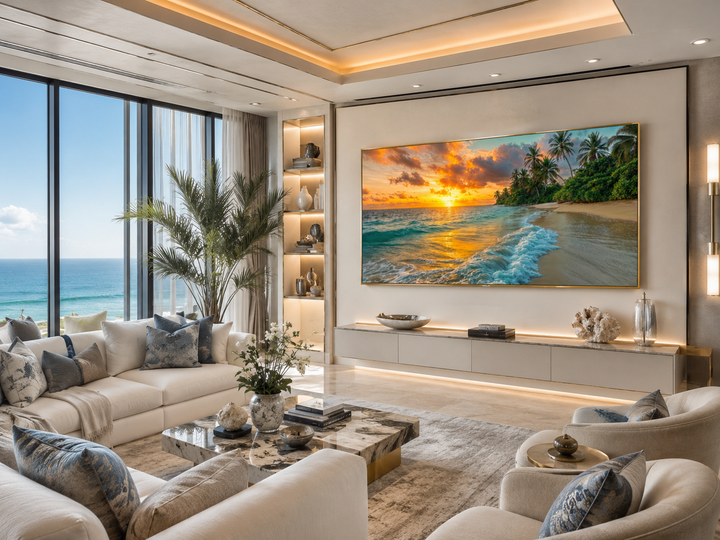 Tropical Beach At Sunset Framed Canvas Wall Art displayed in a modern living room.