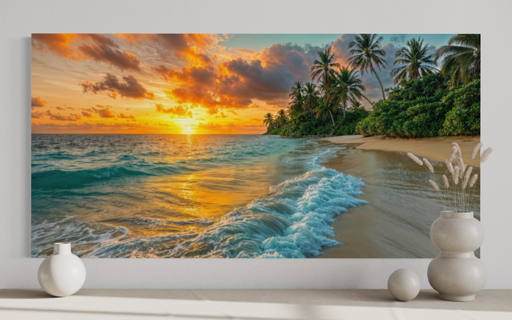 Tropical Beach At Sunset Framed Canvas Wall Art featuring palm trees and waves on a sandy shore.