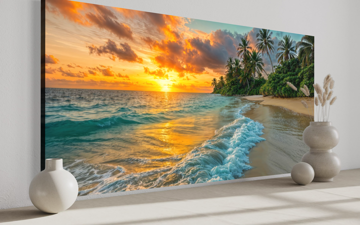 Tropical beach at sunset framed canvas wall art showing a Caribbean coast with palm trees.
