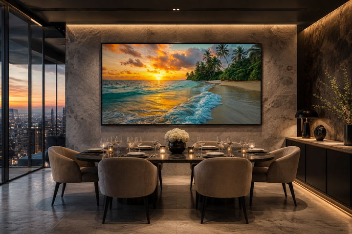 Tropical beach at sunset framed canvas wall art hanging in a modern dining room.