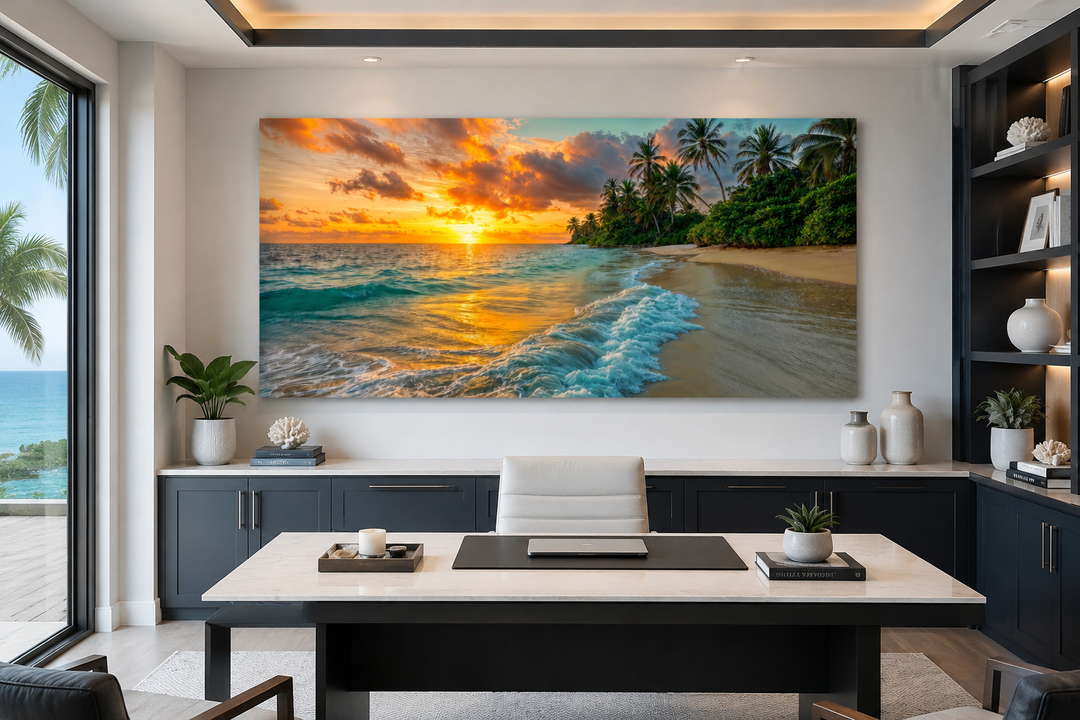 Tropical beach at sunset framed canvas wall art displayed above a desk in a modern office.
