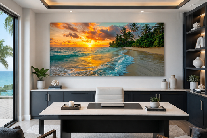 Tropical beach at sunset framed canvas wall art displayed above a desk in a modern office.