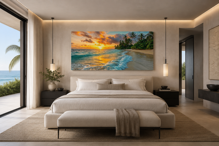 Tropical beach at sunset framed canvas wall art hanging above a bed in a modern bedroom.