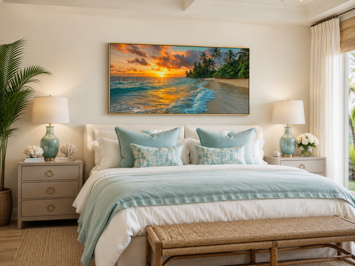 Tropical Beach At Sunset Framed Canvas Wall Art hanging above a bed in a coastal-style bedroom.