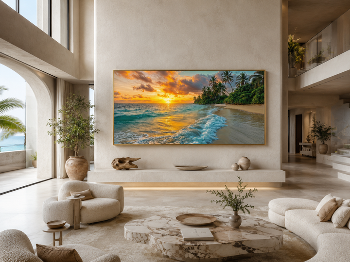 Tropical Beach At Sunset Framed Canvas Wall Art displayed in a modern, neutral living room.