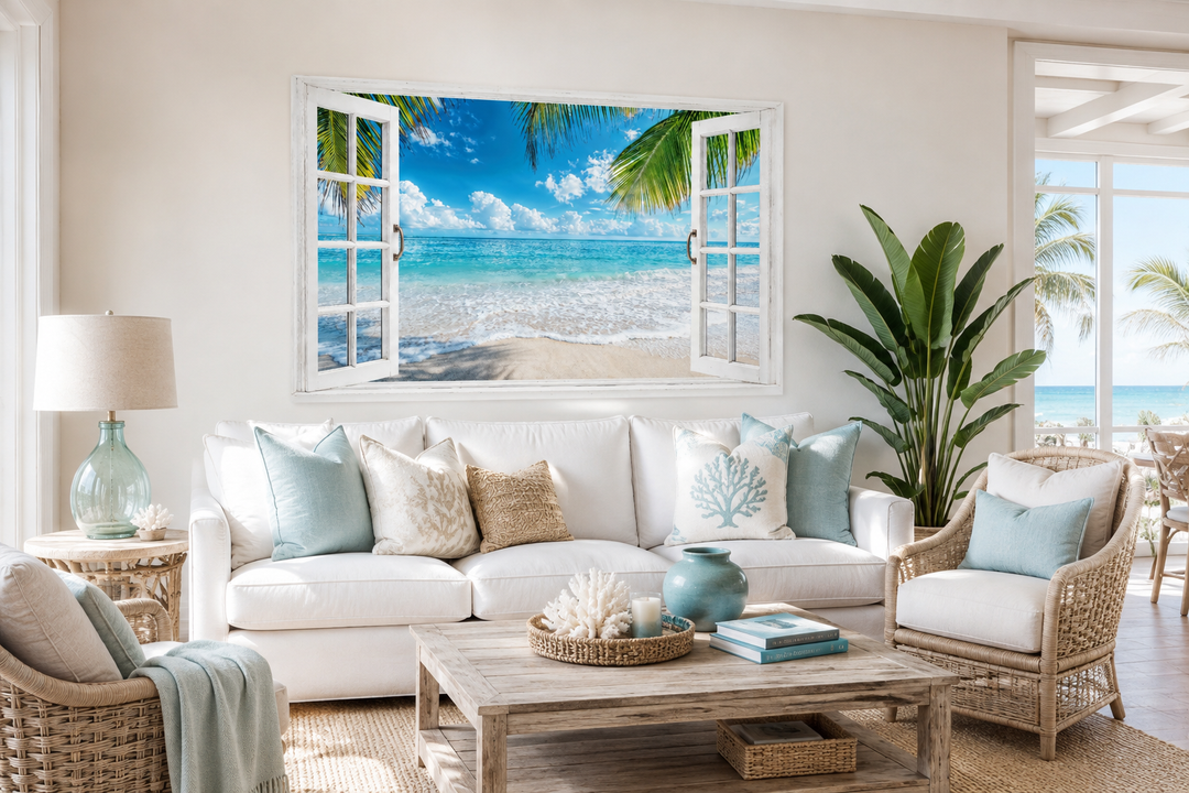 Toile murale avec vue sur une plage tropicale et fenêtre ouverte