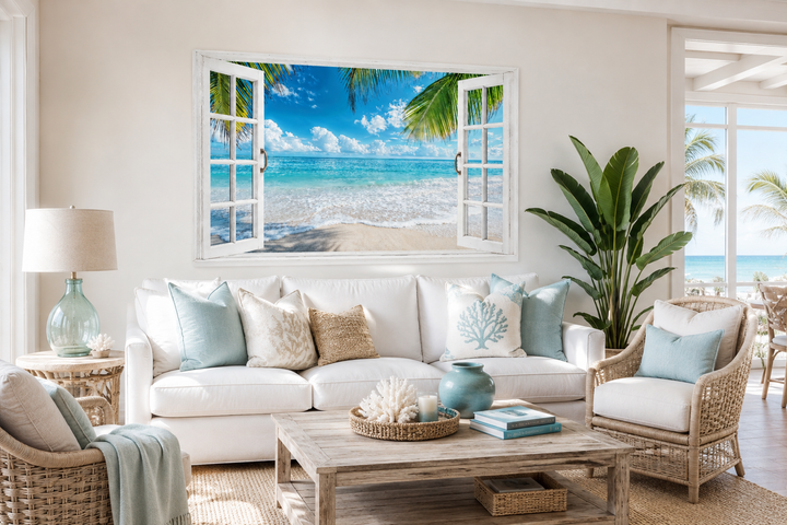 Toile murale avec vue sur une plage tropicale et fenêtre ouverte