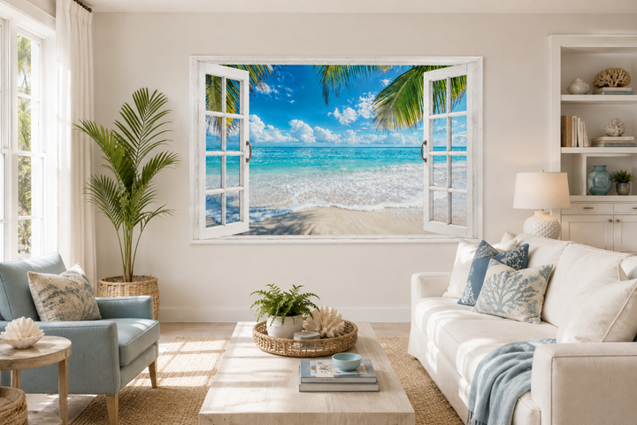 Toile murale avec vue sur une plage tropicale et fenêtre ouverte