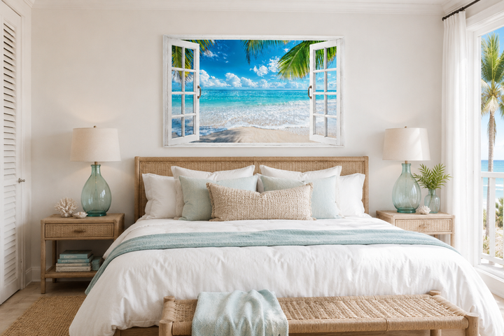 Toile murale avec vue sur une plage tropicale et fenêtre ouverte