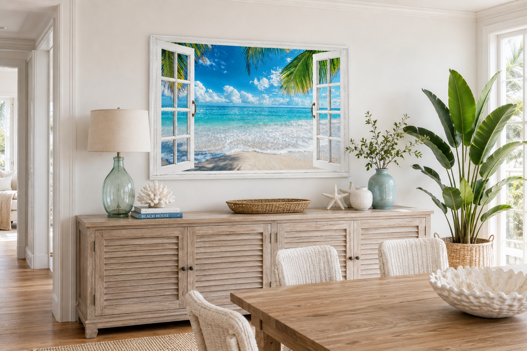 Toile murale avec vue sur une plage tropicale et fenêtre ouverte