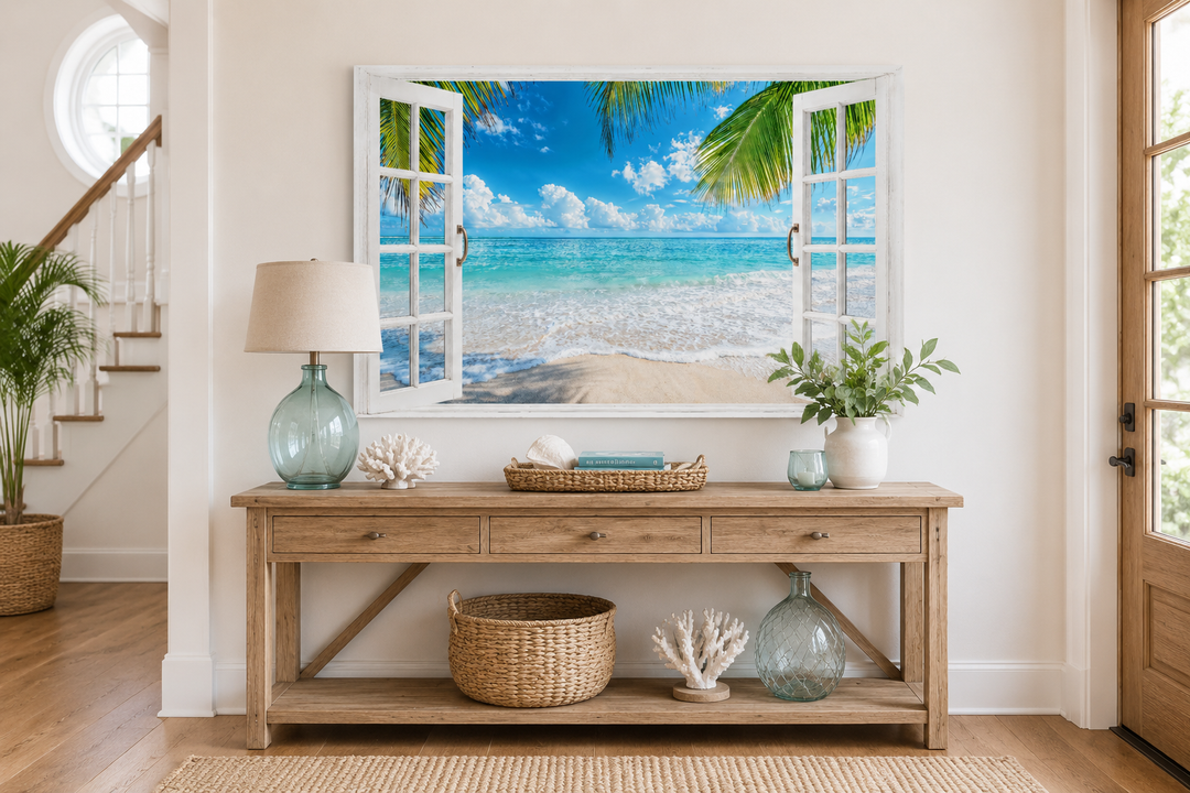 Toile murale avec vue sur une plage tropicale et fenêtre ouverte