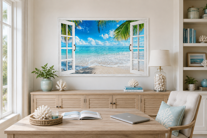 Toile murale avec vue sur une plage tropicale et fenêtre ouverte