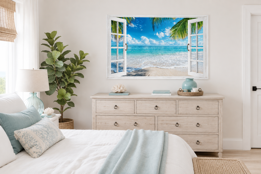 Toile murale avec vue sur une plage tropicale et fenêtre ouverte