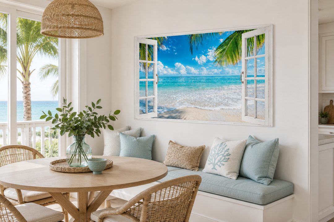 Toile murale avec vue sur une plage tropicale et fenêtre ouverte
