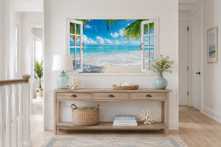 Toile murale avec vue sur une plage tropicale et fenêtre ouverte