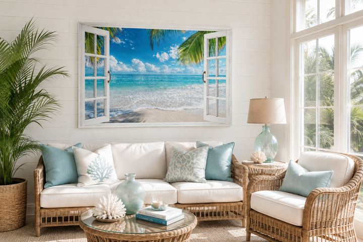 Toile murale avec vue sur une plage tropicale et fenêtre ouverte