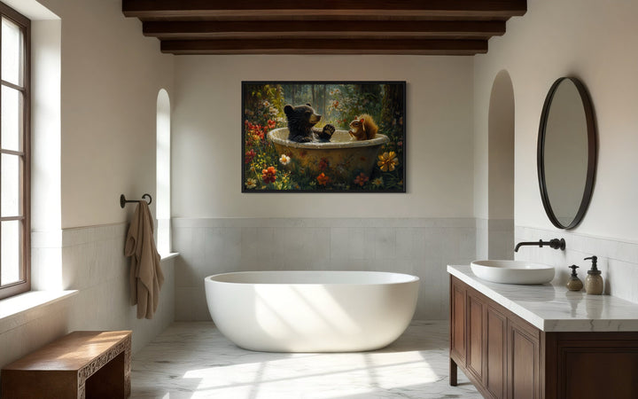 Bear And Squirrel In a Bathtub Framed Canvas Wall Art