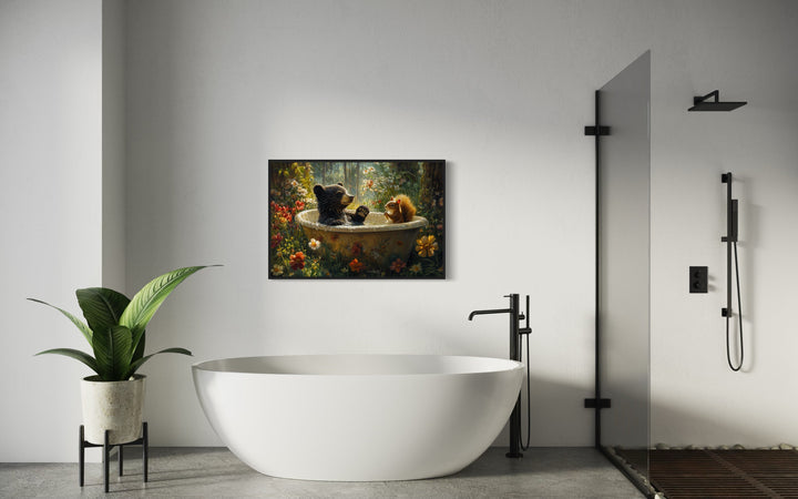 Bear And Squirrel In a Bathtub Framed Canvas Wall Art