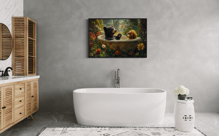 Bear And Squirrel In a Bathtub Framed Canvas Wall Art