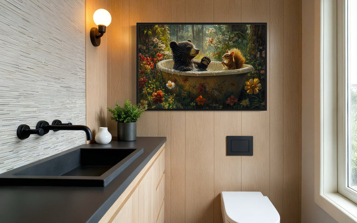 Bear And Squirrel In a Bathtub Framed Canvas Wall Art