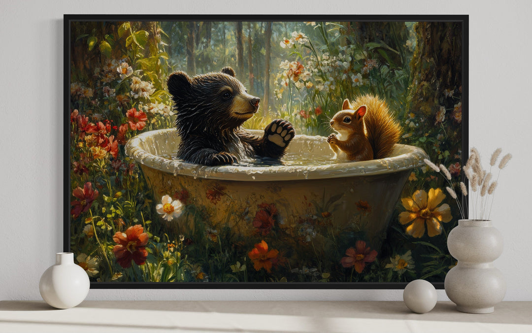 Bear And Squirrel In a Bathtub Framed Canvas Wall Art