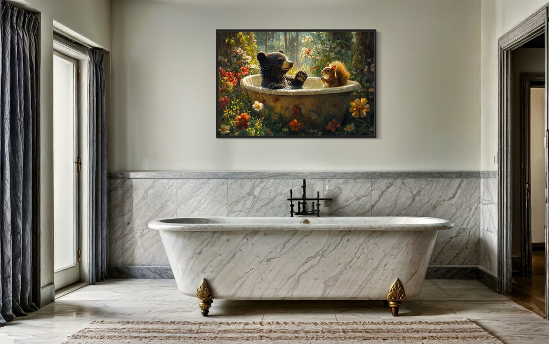 Bear And Squirrel In a Bathtub Framed Canvas Wall Art