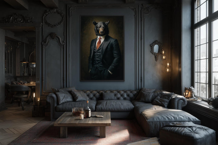 A framed canvas painting of a bear in a tailored suit hangs in a dark, sophisticated office.