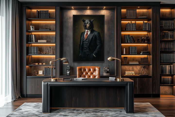 A framed canvas print of a bear in a tailored suit hangs in a sophisticated, modern home office.