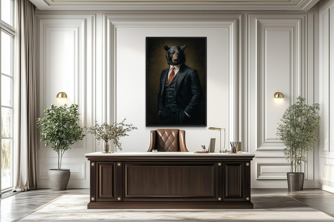 A framed canvas print of a bear in a suit hangs in a sophisticated, modern executive office.