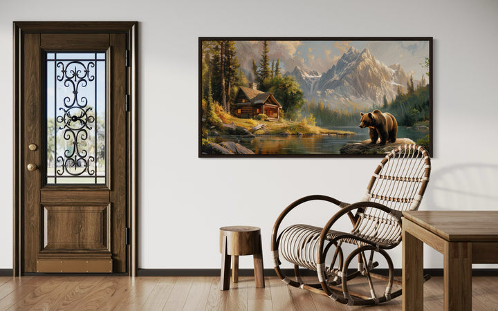 Bear Cabin Wall Art - Framed Mountain Cabin Canvas | Rustic Lake House Decor
