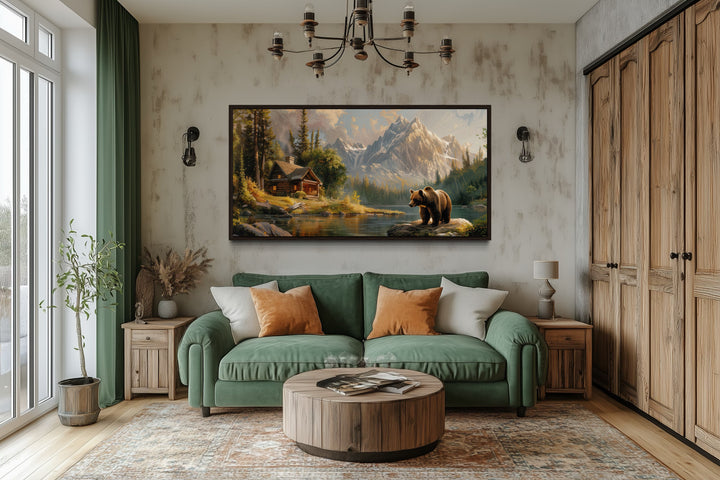 Bear Cabin Wall Art - Framed Mountain Cabin Canvas | Rustic Lake House Decor
