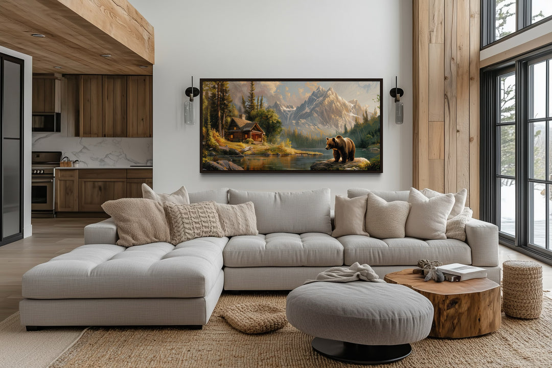 Bear Cabin Wall Art - Framed Mountain Cabin Canvas | Rustic Lake House Decor