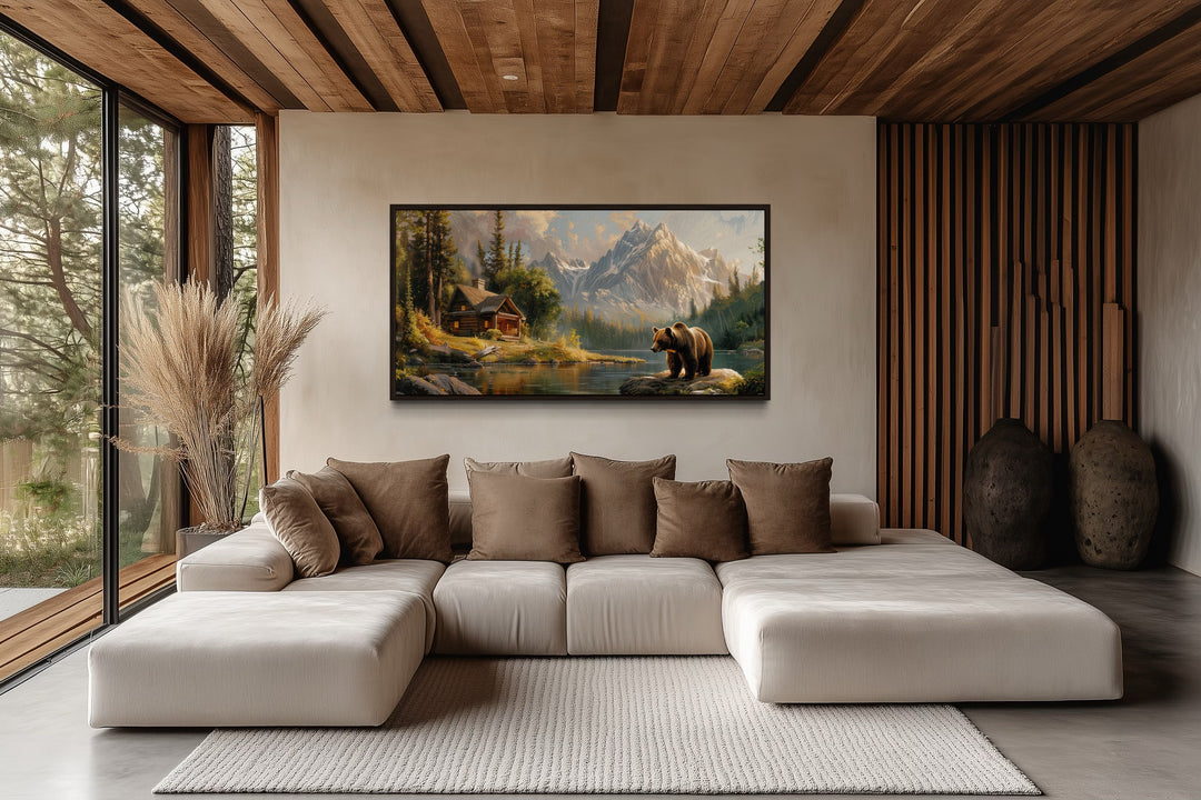 Bear Cabin Wall Art - Framed Mountain Cabin Canvas | Rustic Lake House Decor