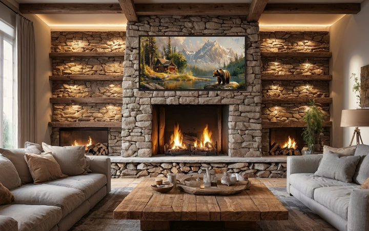 Bear Cabin Wall Art - Framed Mountain Cabin Canvas | Rustic Lake House Decor
