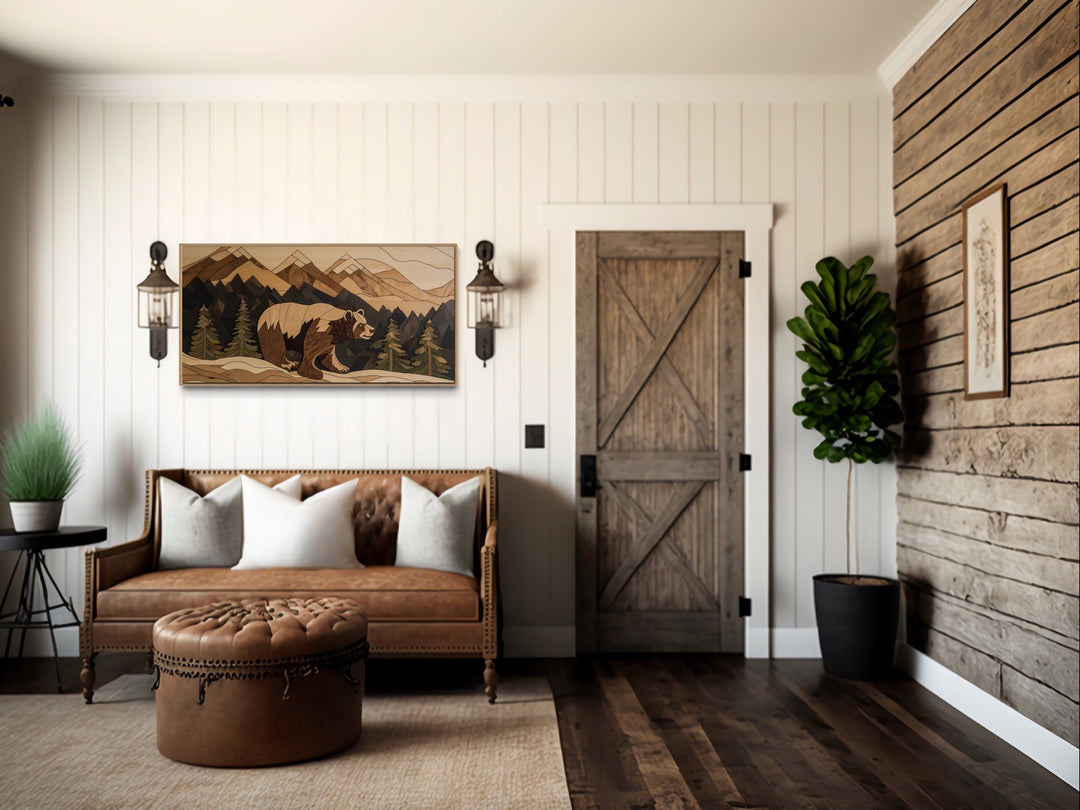 Bear Cabin Wall Art - Rustic Mountain Landscape Wood Panel Canvas Decor