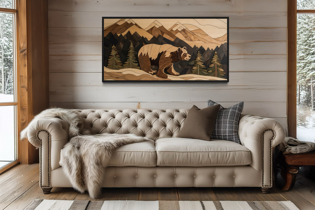 Bear Cabin Wall Art - Rustic Mountain Landscape Wood Panel Canvas Decor