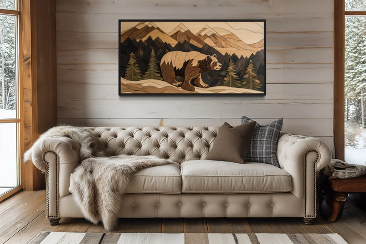 Bear Cabin Wall Art - Rustic Mountain Landscape Wood Panel Canvas Decor